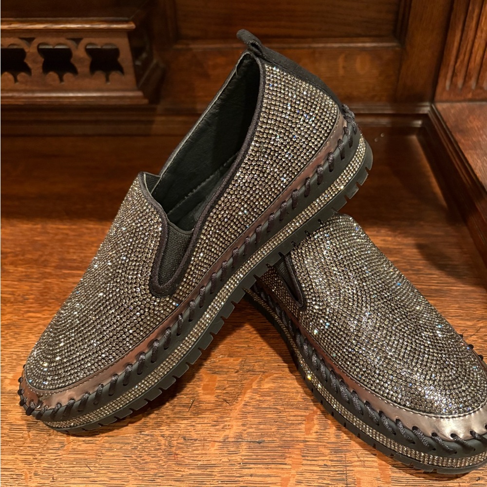 Ladies Black / Gold Bling Slip-On Loafers 7.5